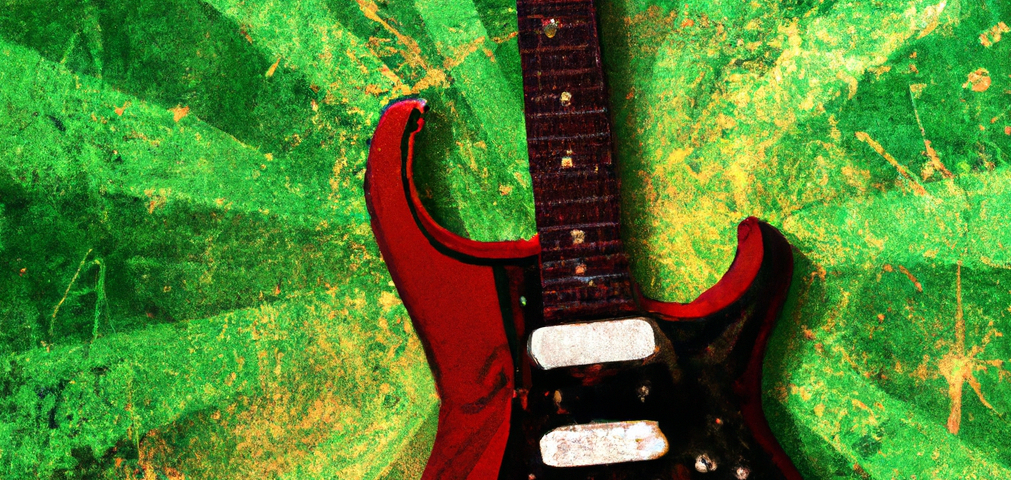 Digital art of a red electric guitar on a green starburst background.