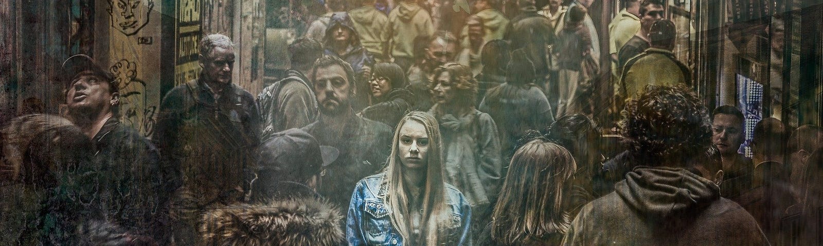 A woman in a crowd of anonymous people