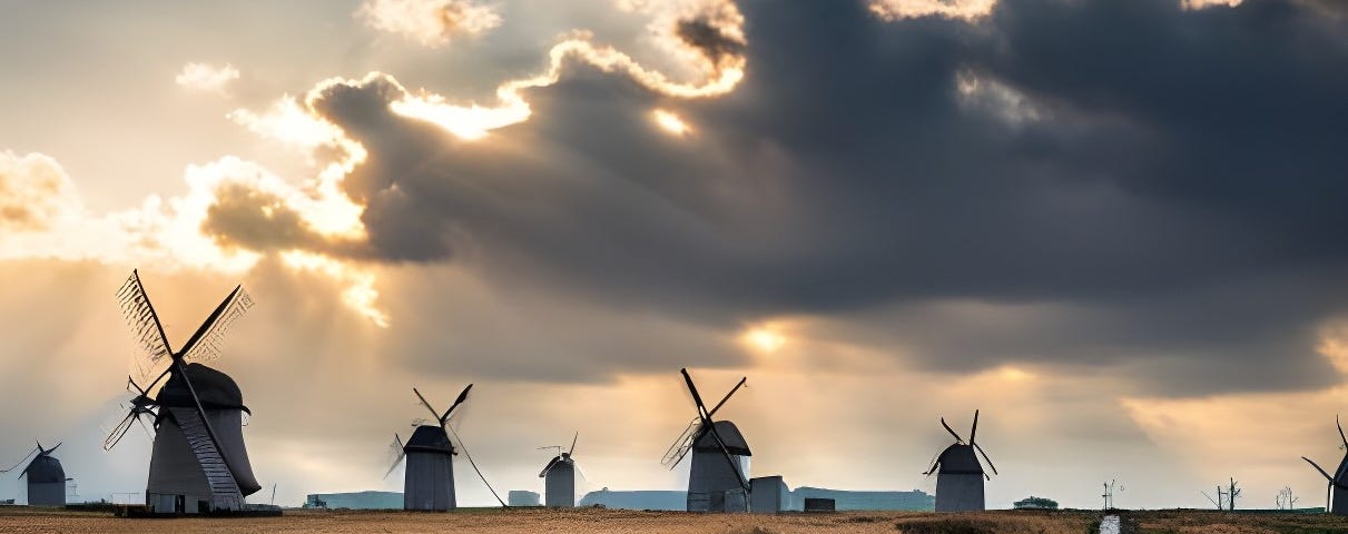 A field with grass and wheat, and a narrow path leading toward a number of windmills in the background. The sky is partly cloudy, with the Sun barely hidden.