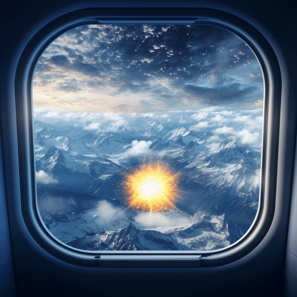 Looking out a plane window to snowy mountains below