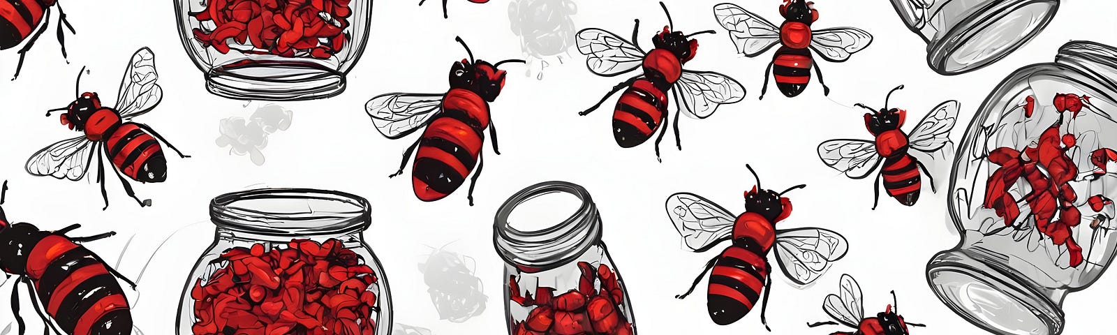 Red bees, bees in jars, drawing
