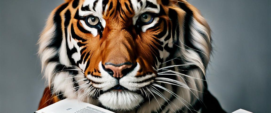 Tiger reading a large book