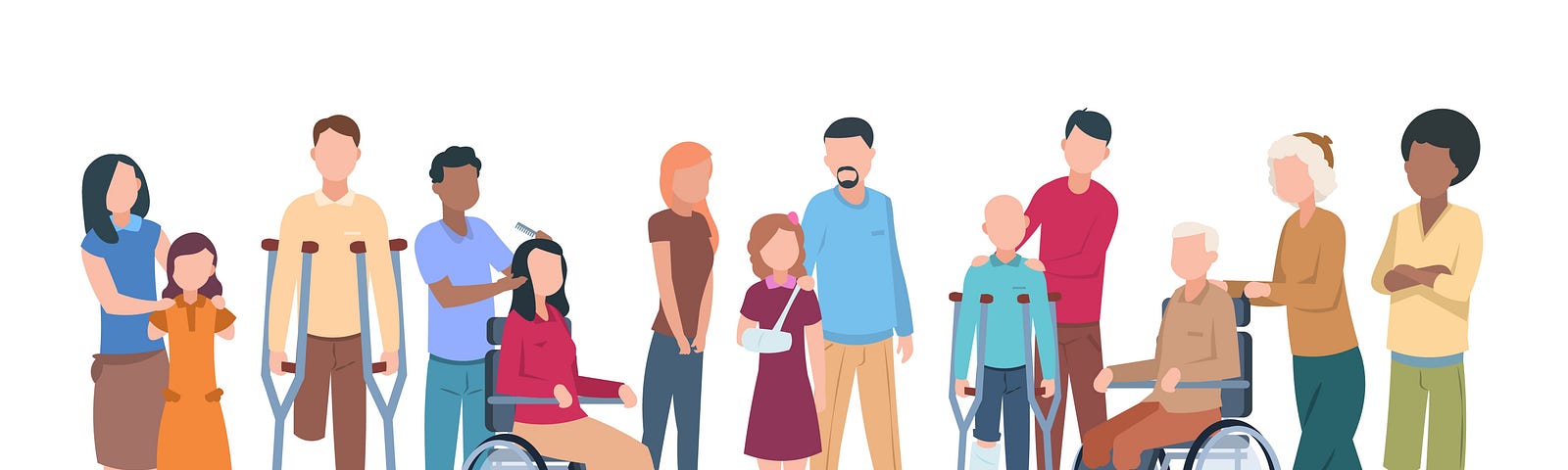 A row of cartoon people with an assortment of different disabilities, including wheelchair users, crutch users, and amputees. A range of skin tones and age groups of represented and everyone is dressed colorfully.