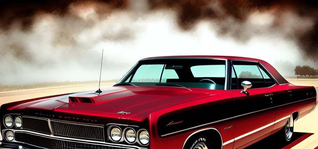 An AI generated image of a ’58 Plymouth Fury. It’s a long car, shiny and red. On the background there are misty fumes.