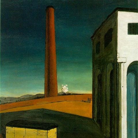 A sad and gloomy paintings that reeks of a goodbye: a tower in the center, a building to the right and a crate to the left. The shadow of the building covers most of the painting. The sky is a bleak shade of black and green.