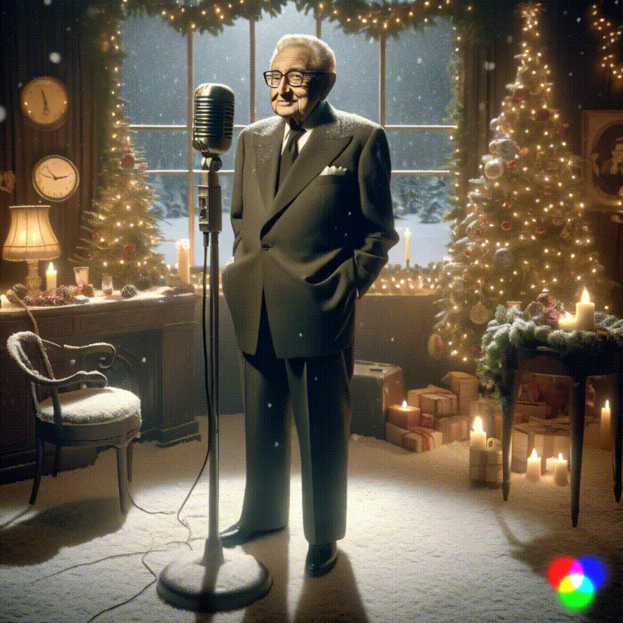 Henry Kissinger singing a parody of Bill Crosby’s White Christmas and fading away after