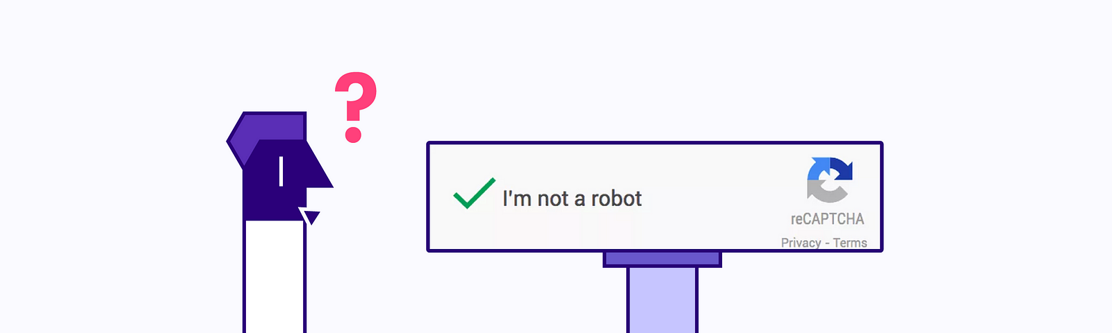 A confused person looking at the famous Google reCAPTCHA checkbox “I’m not a robot”.