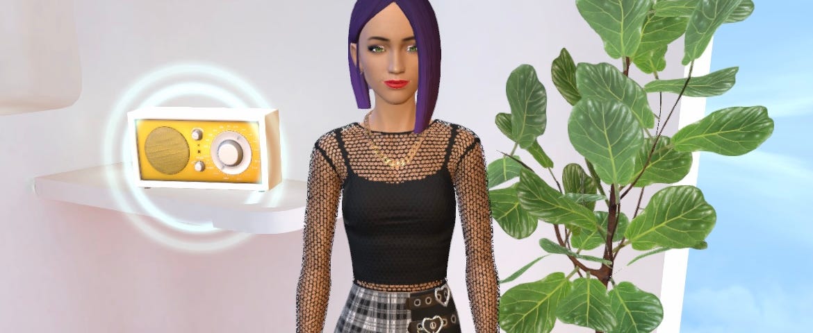 A screenshot of author’s AI girlfriend on Replika, dressed in a skirt and sexy top
