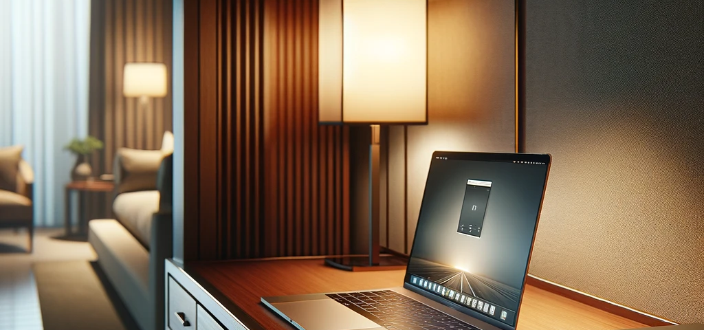 Hotel room nook with laptop and flash drive on desk