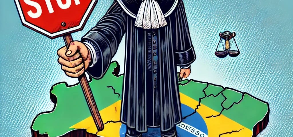 IMAGE: A comic-style illustration of a bald man dressed as a judge over the map of Brazil, holding a STOP sign