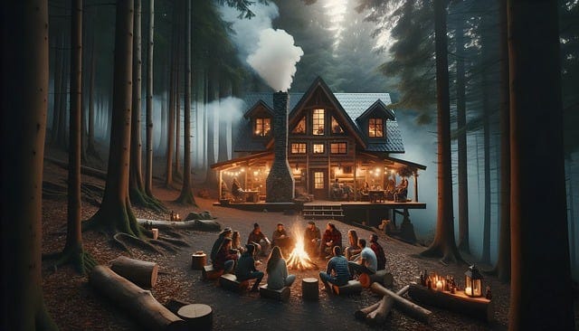 family around a campfire in the woods