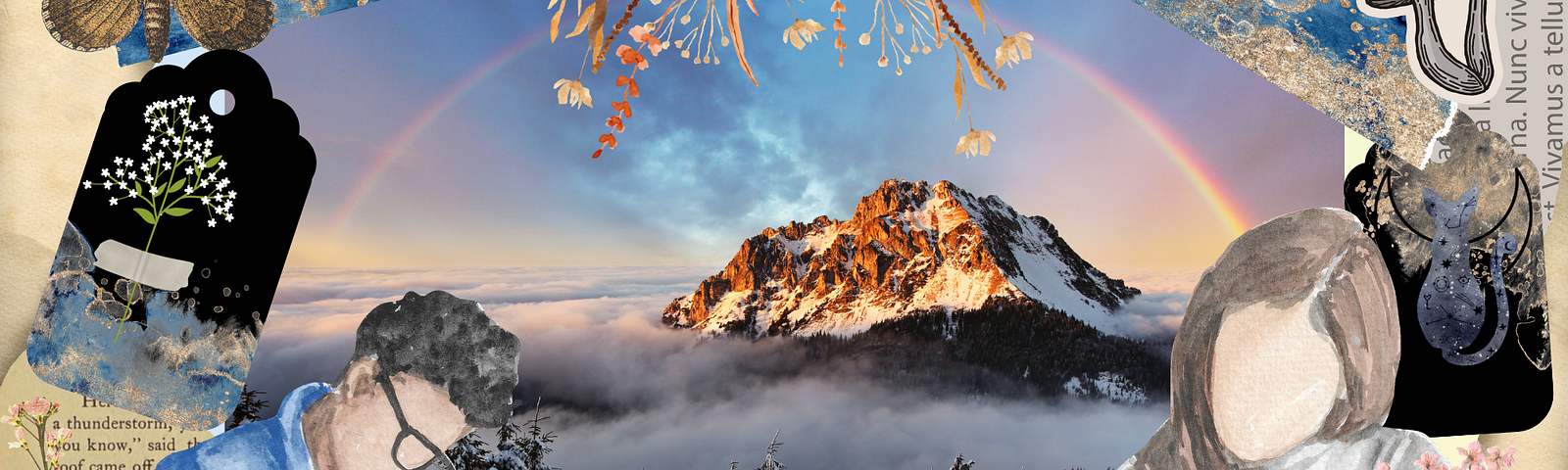 Two people write surrounded by ripped pages of text, gold and blue pieces of tape, and stickers of moths and mushrooms and dried flowers. A peaceful wintery mountain with a rainbow sits in the background.