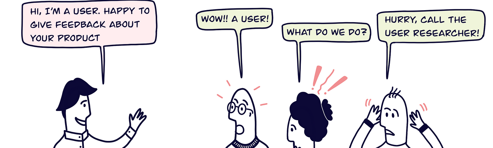 Cartoon: Stakeholders in an organisation surprised and not knowing what to do when a user comes to provide feedback.