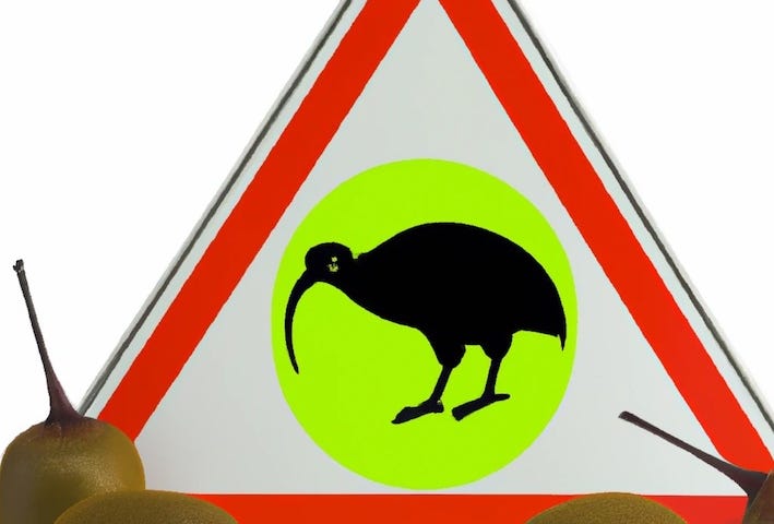 IMAGE: Several kiwi fruits and a warning sign with the silhouette of a kiwi bird