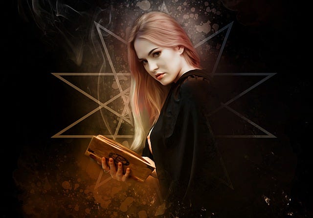 Young woman, gothic, long hair, magic book and symbols, fantasy