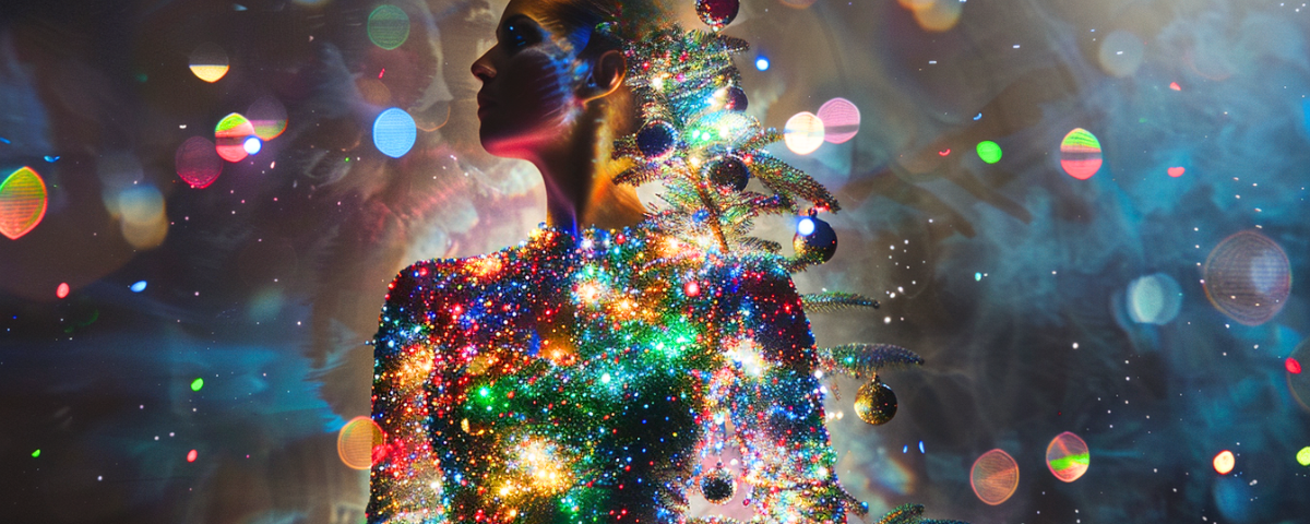 A woman inside her Merkabah tree of Light decorated with many colored ornaments that reflect all her emotions. Higher emotion ornaments are placed at the top of her tree and lower emotion ornaments are placed at the bottom of her tree of Light.