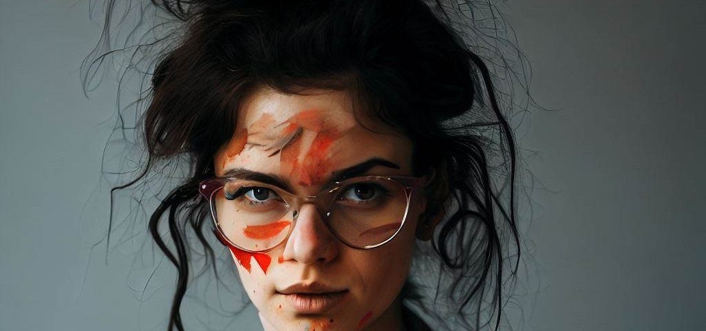 A dark-haired young woman with glasses has a messy bun and is wearing a paint smeared art smock, with also some paint smears on her face. She’s looking at the camera with a little surprised look on her face.