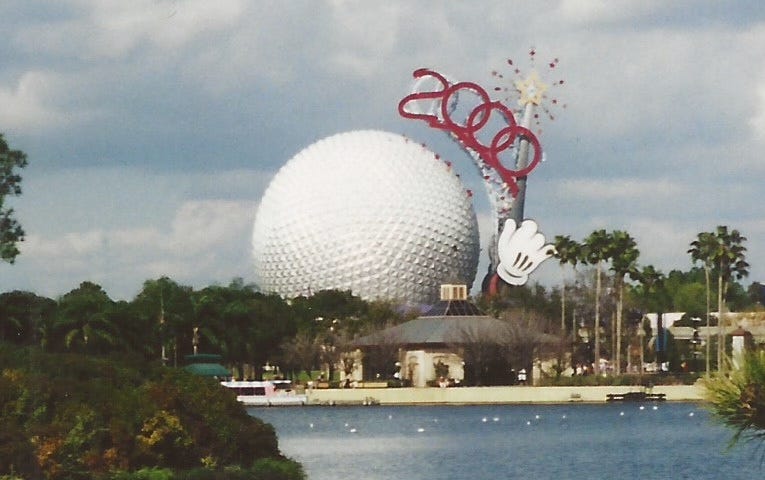 A photo of Epcot’s “Spaceship Earth” with 2000 Mickey wand attachment