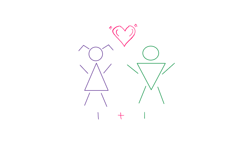 Illustration of two stick figures — one male and one female, falling in love with each other; to illustrate how to use mathematics to choose a life partner.