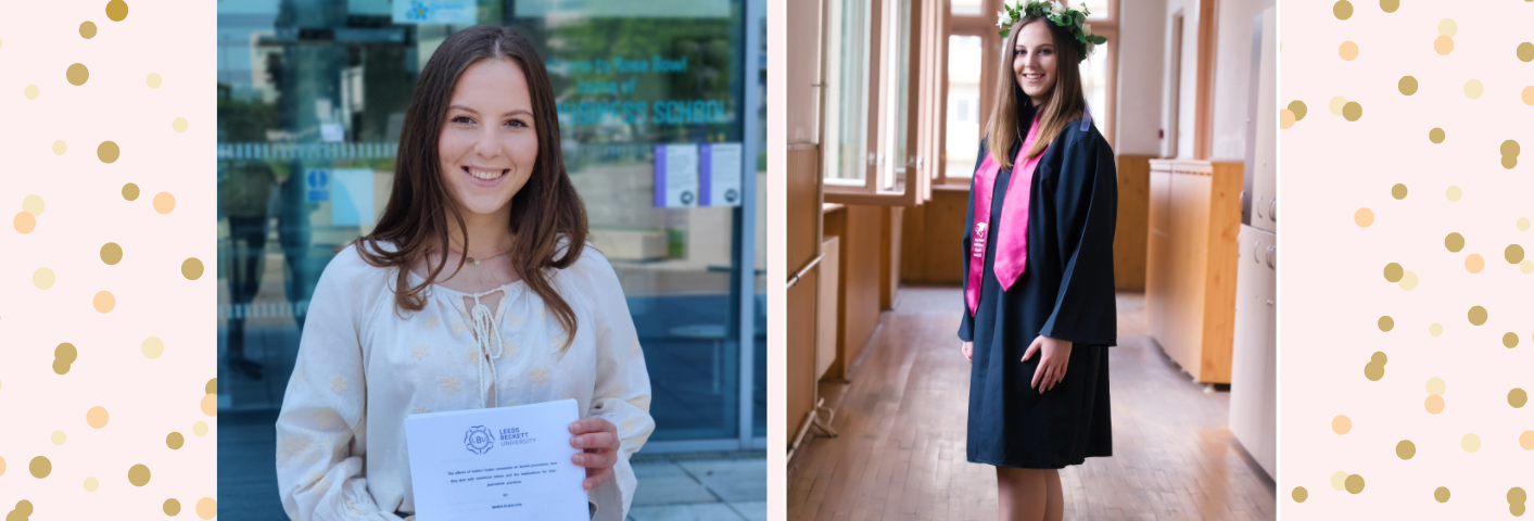 Female student in white blouse holding dissertation in front of glass building on the right and the same student in graduation gown on the left.