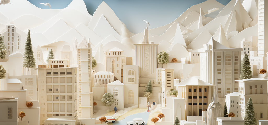 Paper town concept image, with white buildings and people made of paper.