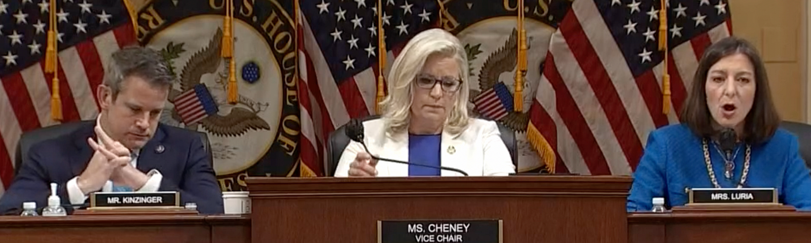 Reps. Adam Kinzinger, Liz Cheney and Elaine Luria direct the eighth congressional hearing into the Jan. 6, 2021 insurrection at the U.S. Capitol.