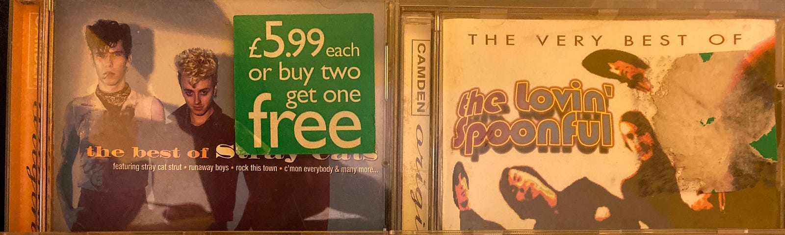 Author’s photo of their copies of the CDs The best of the Stray Cats, The best of the Lovin’ Spoonful, Suzanne Vega and Nanci Griffith The MCA Years: A retrospective