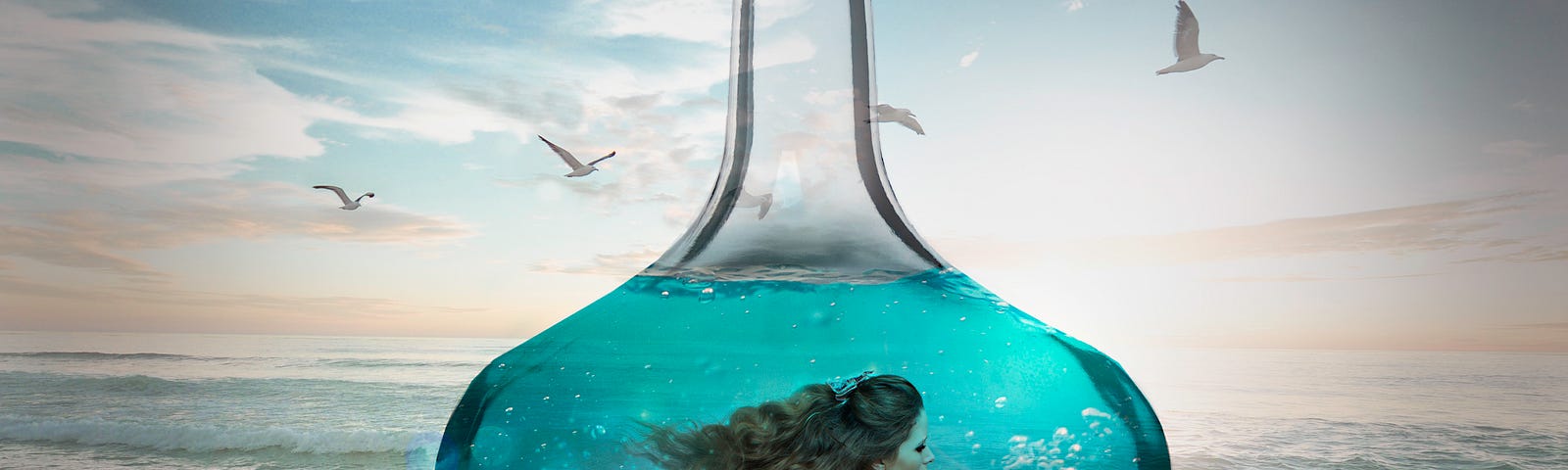 A woman is trapped inside a water-filled bottle. The beach and seagulls are in the background.