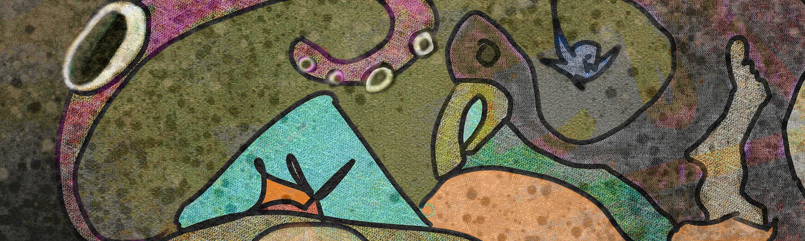 A digital image of a human figure crushed to the ground with an ominous tentacle above. In the background is a small bird that might be fleeing and a darker bird. The image is made of simple lines with muted colors, but the entire image has been covered with splotches and digital graining patterns. Art by Doodleslice 2024