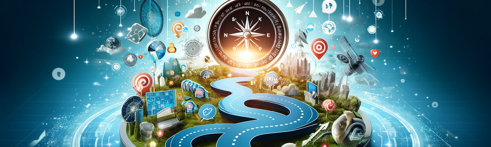 The image depicts a digital landscape with elements like a compass, a path or roadmap, various digital marketing tools, and symbols representing different stages of a digital marketing strategy, such as audience targeting, content creation, and analytics. The overall aesthetic is modern, dynamic, and engaging, reflecting the exciting journey of navigating through the digital marketing world.