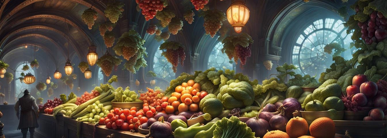 Fresh fruits and vegetables display in market.