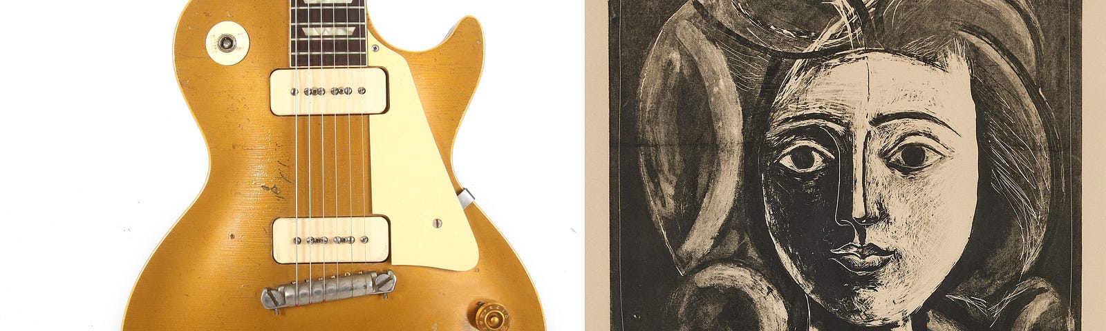 LEFT: Gibson Les Paul Gold Top 1955. Marked 5 9904. Two P90 Single Coil microphones, jacaranda fingerboard. Body mahogany, Length 98.5 cm. RIGHT: PABLO PICASSO. “Tête de Jeune Fille”. Lithograph, 1947, on Arches paper, signed and numbered in pencil 22/50, printed by Mourlot, Paris, with full margins.I. 49,7 x 39,8 cm. S. 65,5 x 50 cm.(Image sources: Courtesy under special permission from Auctionet.com).