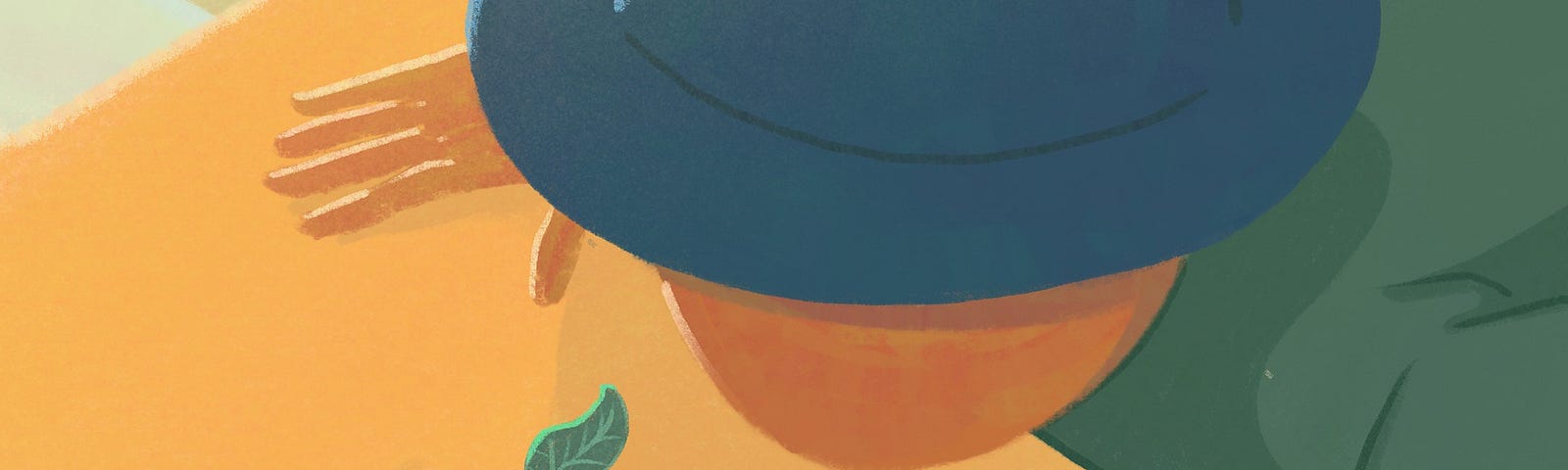 An illustration of a man with a navy blue hat and dark green shirt closely watching a tiny plant grow in the desert.
