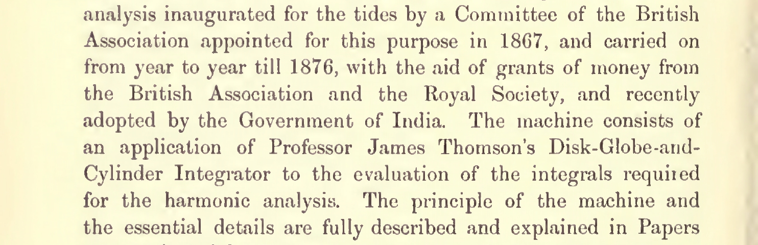 Page of the book “Mathematical and Physical Papers” by Lord Kelvin where is highlighted the sentence “The object of this machine is to substitute brass for brain”