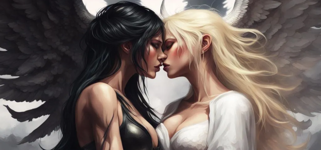 Raven haired and blonde female angels embracing each other and gently kissing. The former has black wings, the latter has white wings.