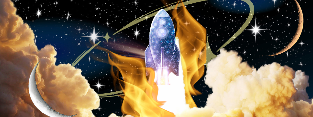 Starry sky with flames surrounding rocket ship on take of