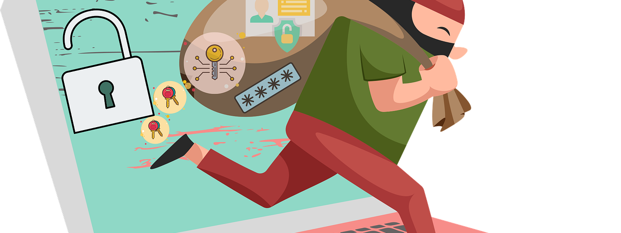 IMAGE: A drawing of a thief jumping from a laptop screen with a bag filled with data