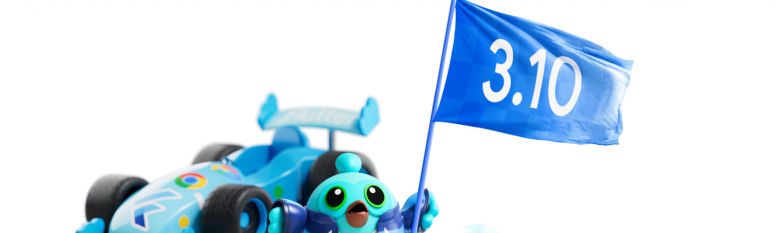 A fun image of the Flutter mascot, Dash, standing by a racecar. She is holding a blue flag with “3.10” printed on it.
