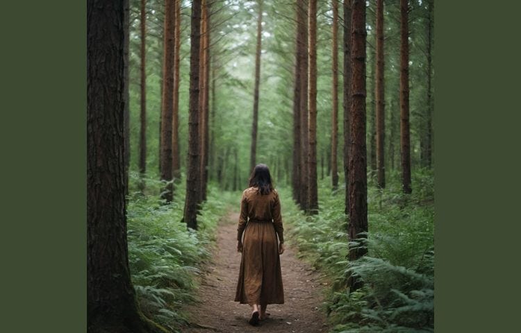 A woman walking into a forest alone
