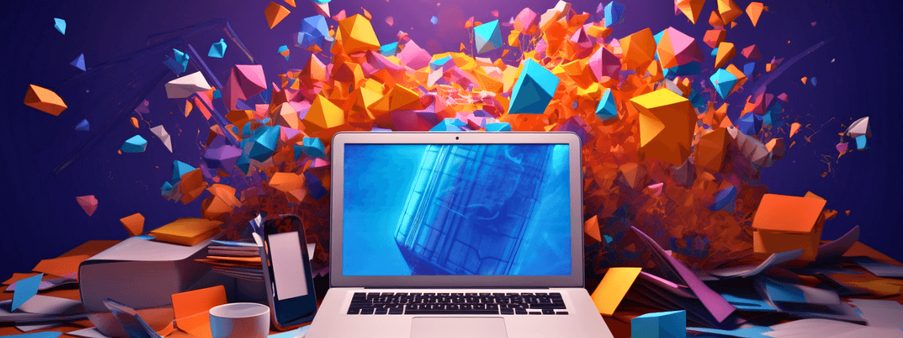 A laptop surrounded by abstract geometric shapes.