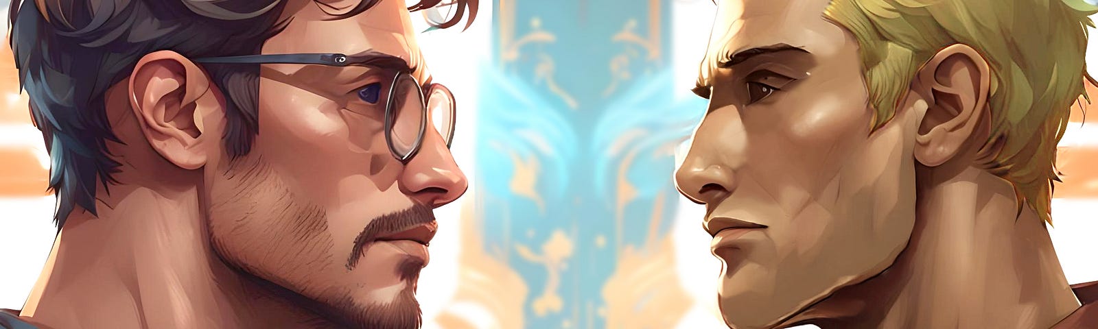 Two handsome men facing each other. Cameron on the left, dark hair, short beard, glasses. Jonathan on the right, blond hair, clean shave, stronger build.