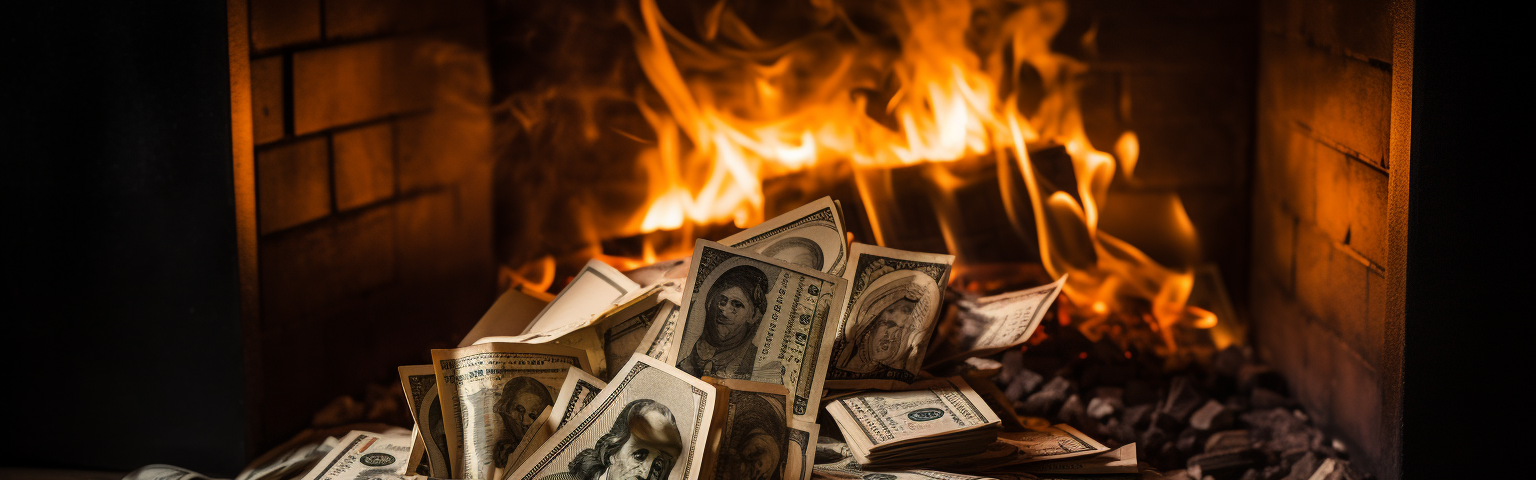 Midjourney generated image of burning money in a fireplace to heat a home
