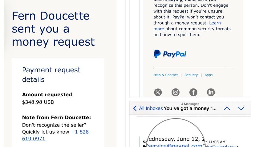 Screenshot of an email from a scammer pretending to request money from PayPal