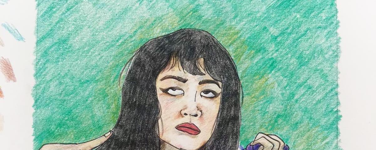 Young Asian woman with long black hair rolls her eyes while showing a peace sign. She wears a white, pink and purple jacket against a bright green wall. Illustrated with colour pencil.