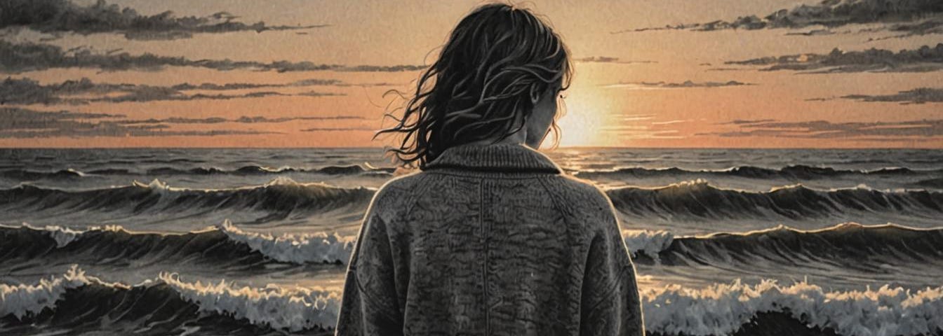 Image of a woman, seen from the back and walking toward the ocean, sunset in the background.