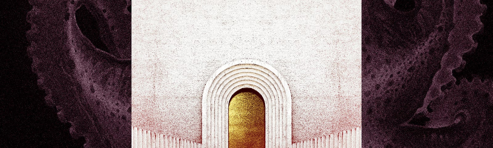 A golden door and steps on a swirling background