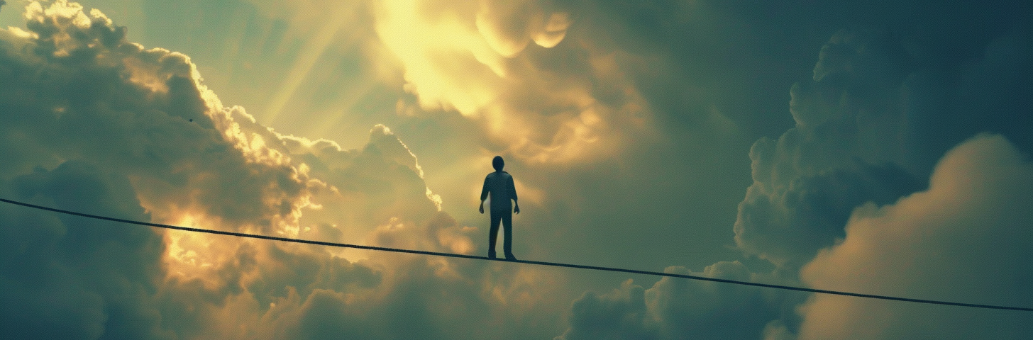 A man walking a tightrope across a beautiful sky