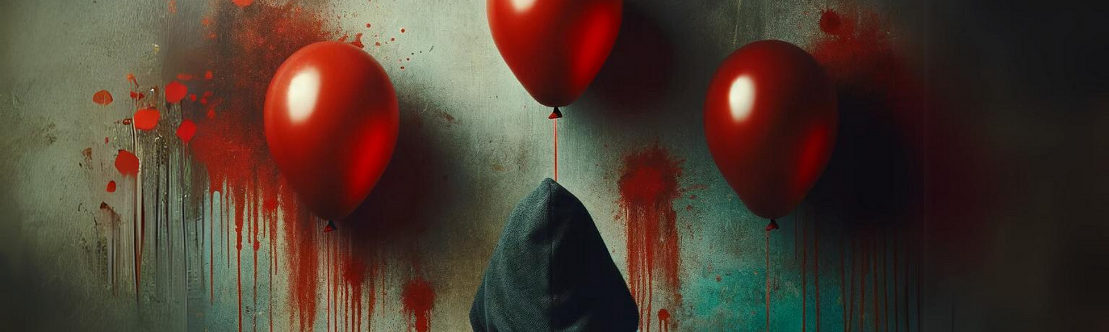 A figure in a hooded jacket stands with three red balloons against a backdrop of gray, with streaks of red suggesting both innocence lost and stark resilience.