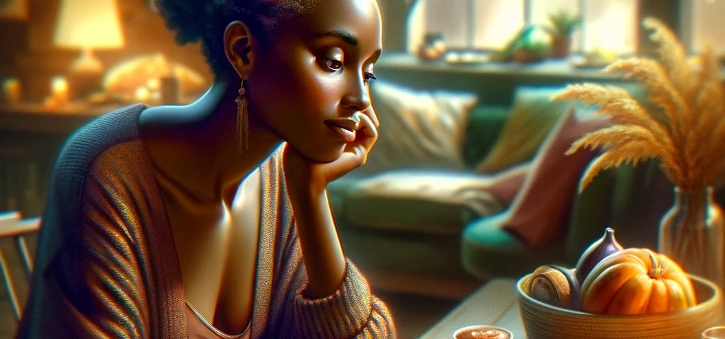 Black woman looking longingly at a plate of food.
