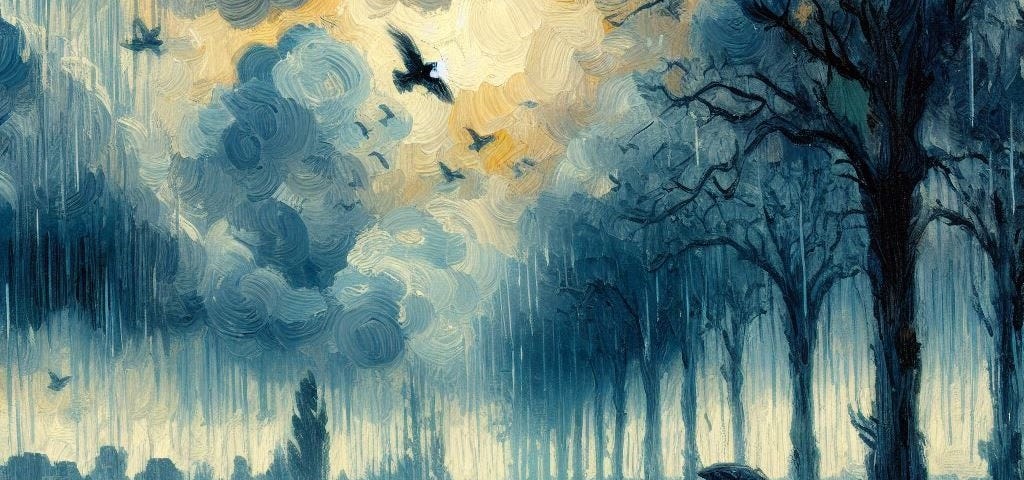A person with umbrella raised, walking through a storm. Crows fly high above.